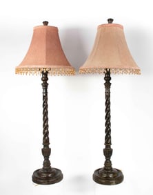 Pair Contemporary Carved Wood Barley Twist Lamps