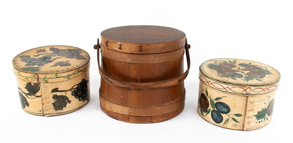 Firkin and Two Paint Decorated Pantry Boxes