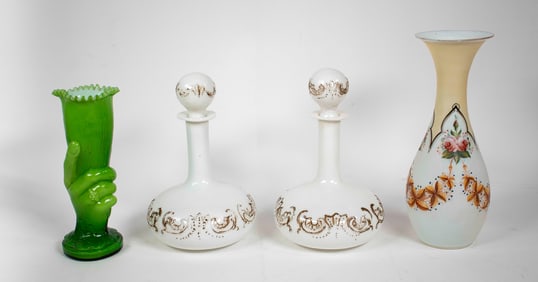 Two Blown Victorian Vases & Pair of Decanters