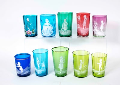 Ten Mary Gregory Decorated Glass Tumblers