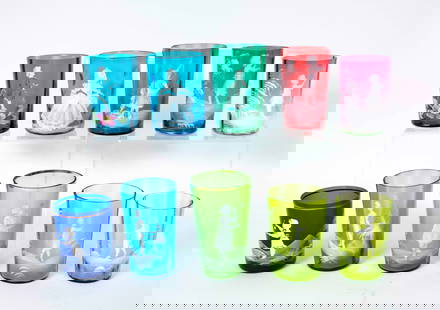 Ten Mary Gregory Decorated Glass Tumblers: Cobalt, amberina, emerald, cranberry, blue, (2) teal, and (3) green tumblers with white enamel decoration (one with white and multi-colored enamel decoration) depicting children in different activitie
