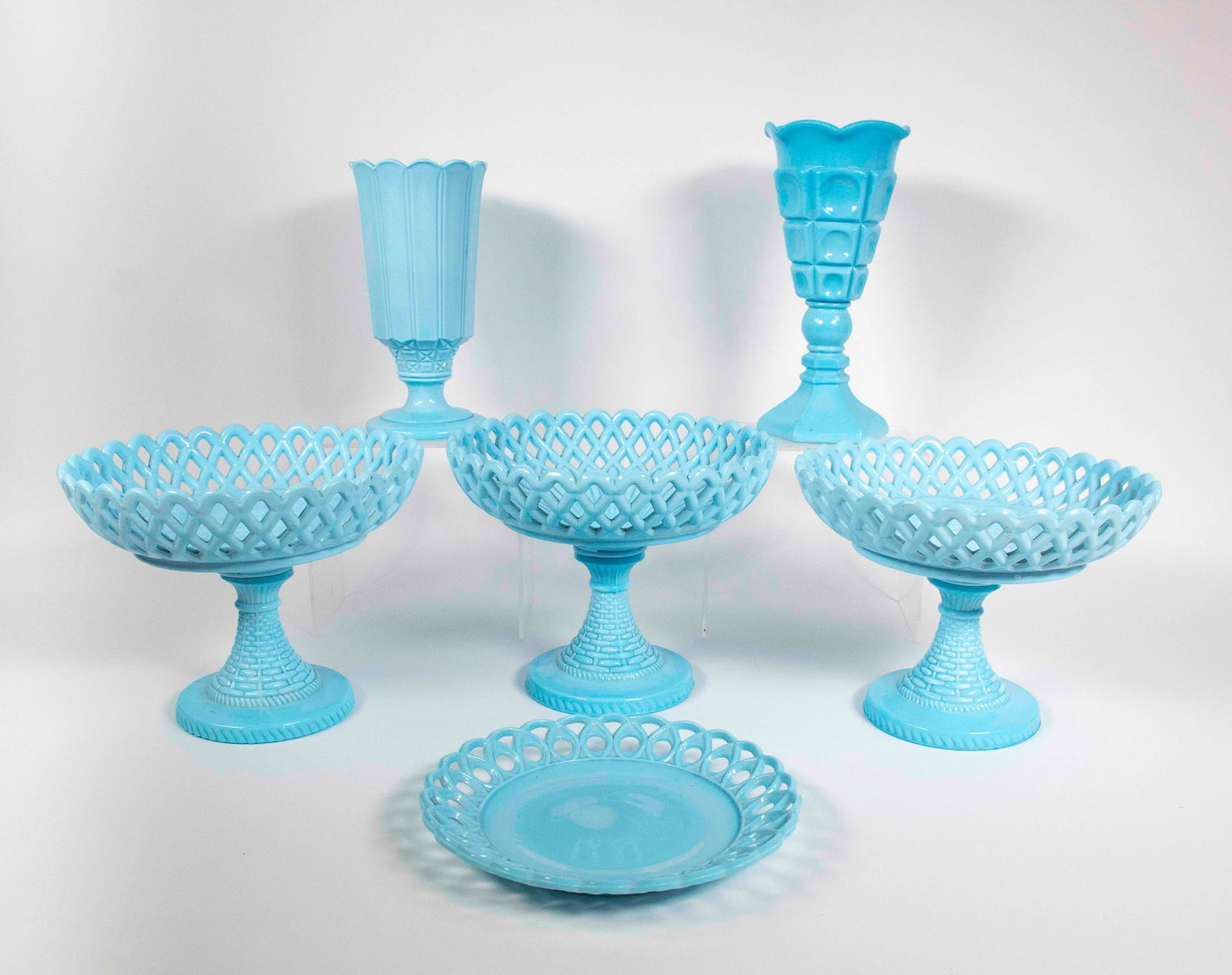 Opaque Blue Compotes, Vases & Plate (1 of 8)
