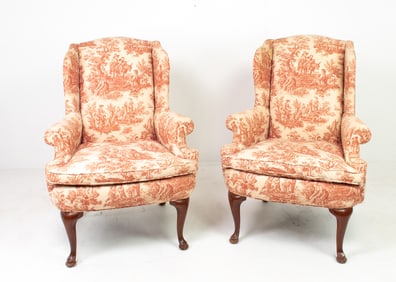 Pair Queen Anne Style Wing Back Chairs