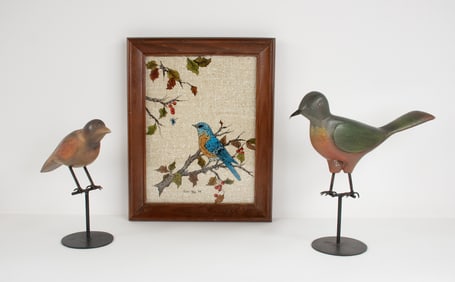 Reverse Painted and 2 Carved & Painted Wood Birds