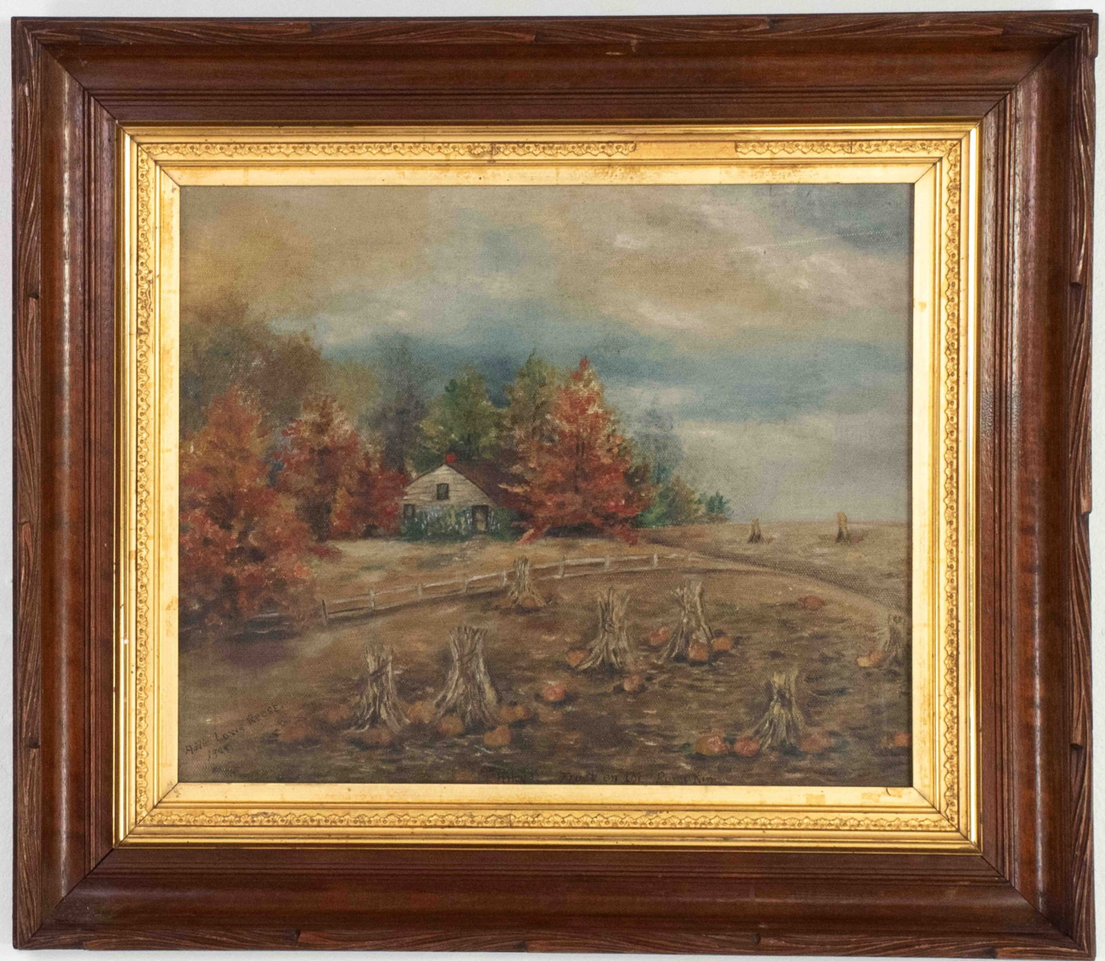 Addie Lowe Reese, Oil on Canvas Board: Titled "Rileys---Frost on the Pumpkin", depicting a rural homestead with corn shocks and pumpkins in the field, signed and dated lower left "Addie Lowe Reese 1928", under glass in carved walnut frame 