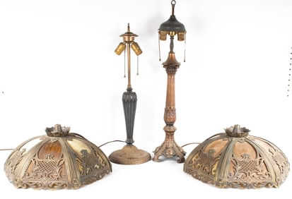 Pair of Slag Glass Lamp Shades & 2 Metal Lamp Base