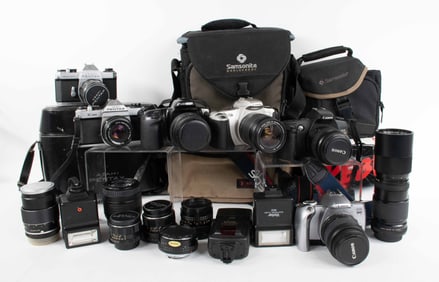 Various Cameras, Lenses Flashes & Bags