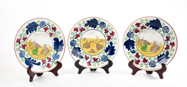 3 English Rabbitware Stick Spatter Ceramic Plates