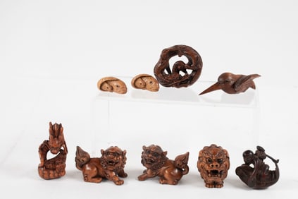 Nine Carved Wood Netsukes, Some Signed