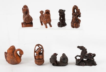 Eight Carved Wood Netsukes, Several Signed