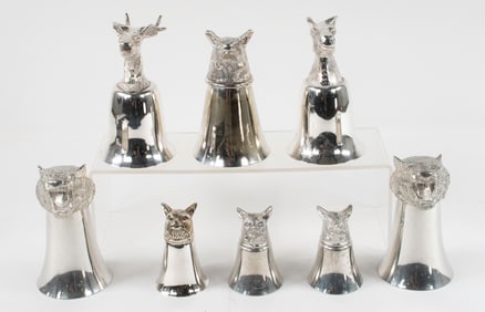 6 Silverplate Stirrup Cups & 2 Pewter Measure
