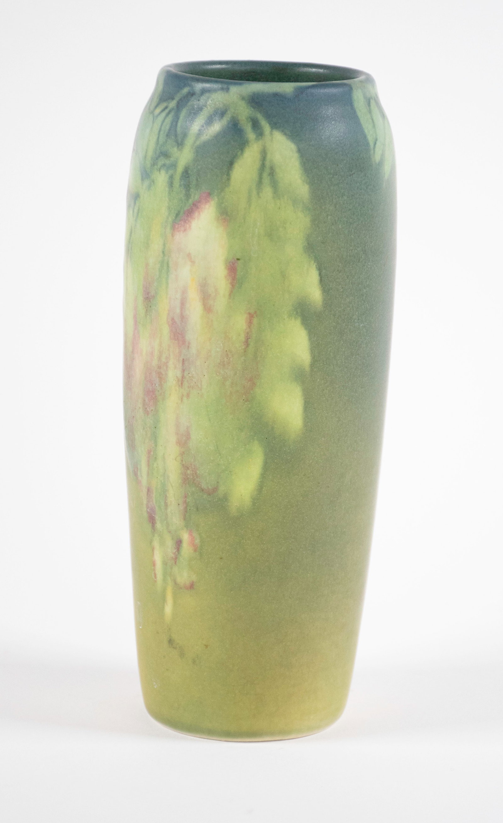 Olga Geneva Reed, Rookwood Pottery Vase: 1906 Rookwood vase, shape No. 951E, dark green to yellow ground with clusters of flowers and leaves draping from the rim and down front of vase, signed on base "O.G.R." (Olga Geneva Reed, 1873-1955);