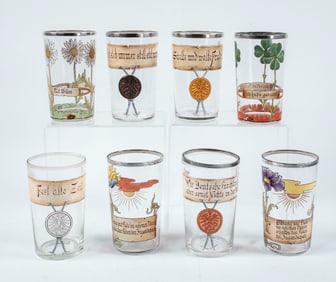 Set of 8 Enameled Tumblers w/ .800 Silver Rims