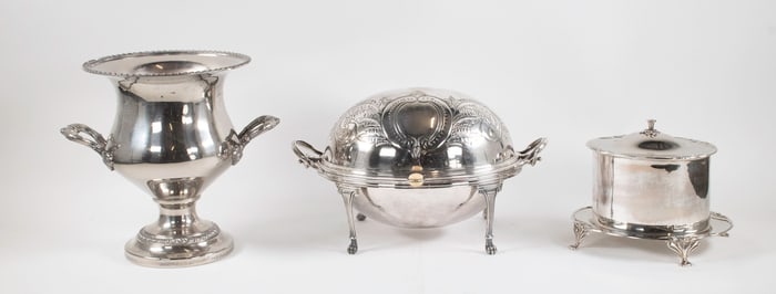 Silverplate Biscuit Box, Warmer, Wine Bucket