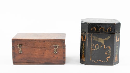 19th C. Painted Tea Caddy & Dovetailed Box