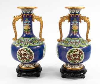 Pr. Cloisonne Enameled Vases w/ Figural Handles