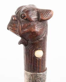 1921 Carved Dog Head Glove Holding Gadget Cane