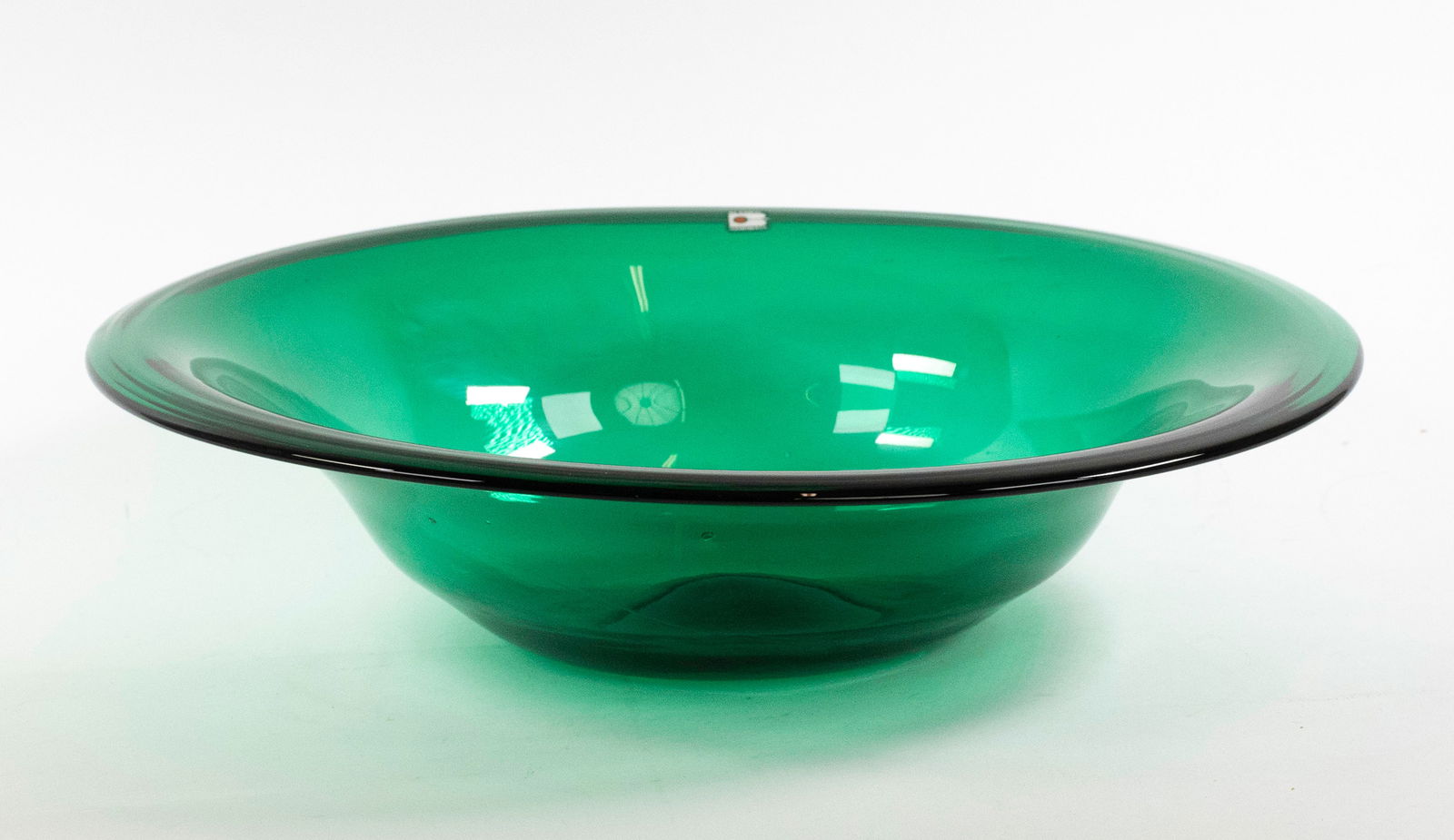 Blenko Emerald Centerpiece Bowl: No. 8991, emerald centerpiece bowl, retains "Blenko B Handmade" label, rough pontil mark; 18 1/4" dia., 4 1/4"H---good condition (Inv. NB)