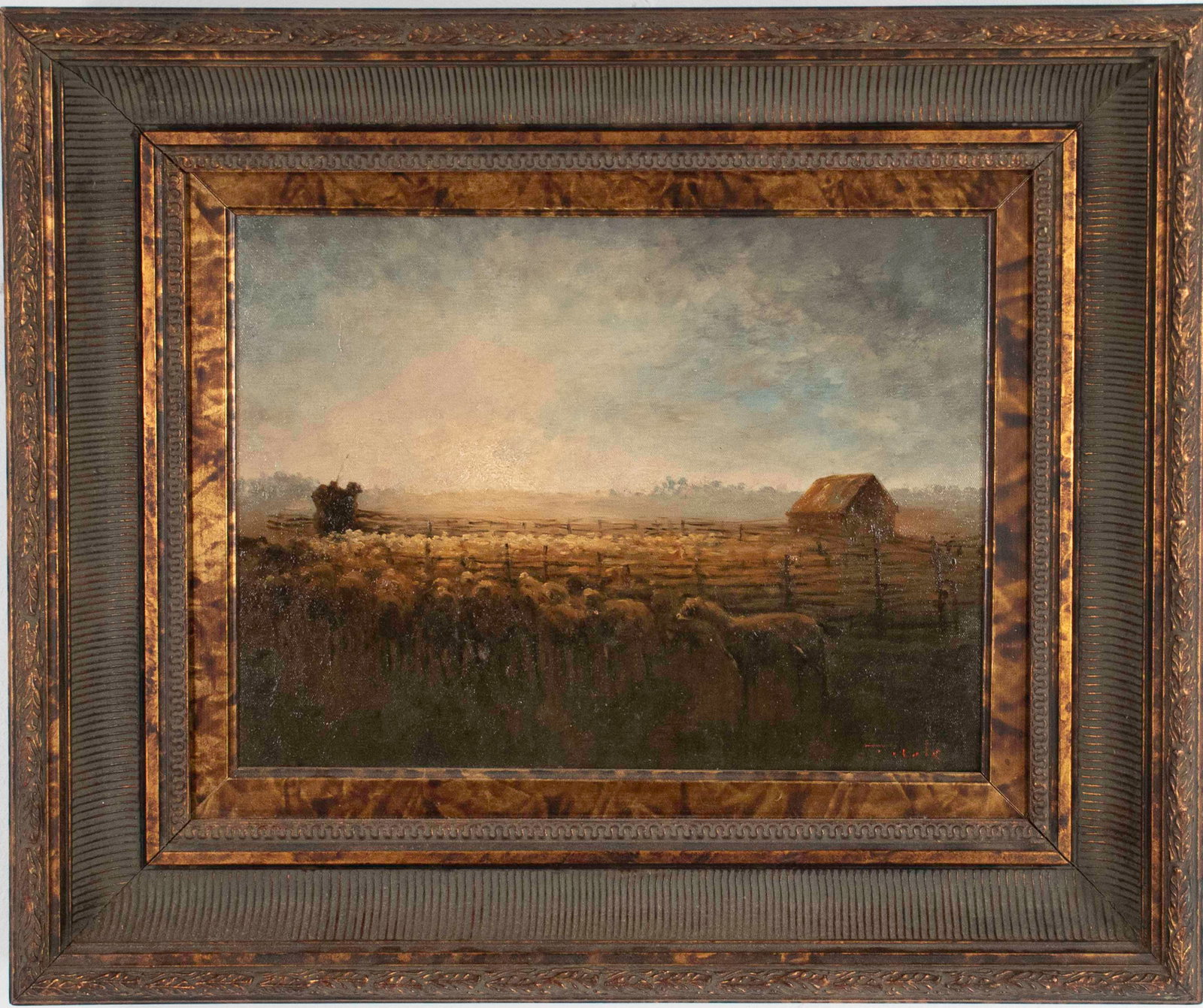 Oil on Canvas Landscape w/ Sheep: Countryside landscape with sheep standing in pasture outside a fenced lot, signature lower right appears to be "T. Cole"; late 20th century, carved and painted contemporary wood frame; sight 11 5/8"H,