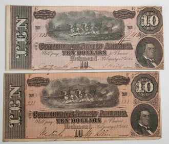 Two 1864 $10 Confederate Bank Notes