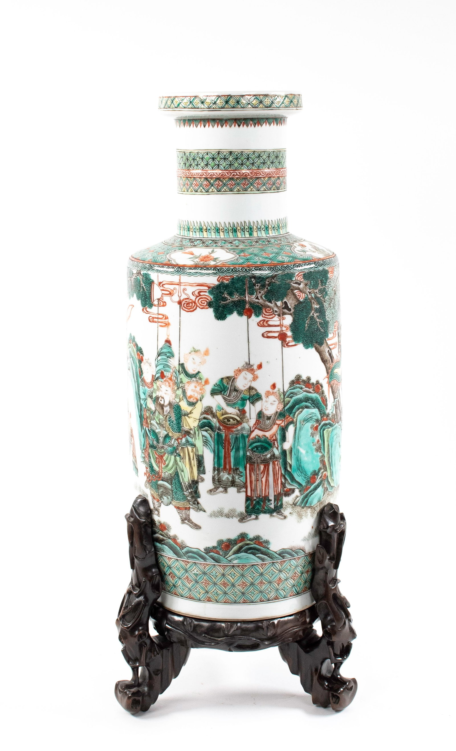 Antique Chinese Famille Verte Porcelain Vase: Body with finely enameled decoration of a garden setting with numerous figures engaged in a courtly ceremony, base with six-character Kangxi marks in blue within an enameled green dragon cartouche, di