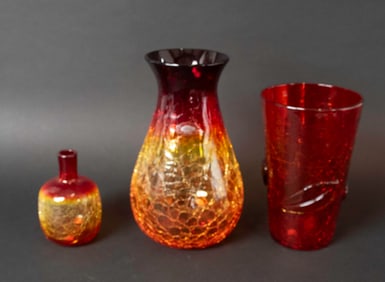 Three Blenko Tangerine Crackle Glass Vases