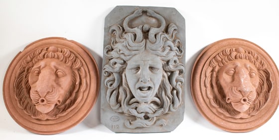 Three Concrete Figural Mask Wall Fountains