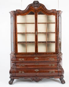 Antique Dutch Burlwood Bombe Vitrine Cabinet