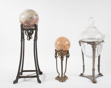 Glass Container in Stand & 2 Marble Ball Stands