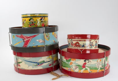 Five Tin Litho Toy Drums