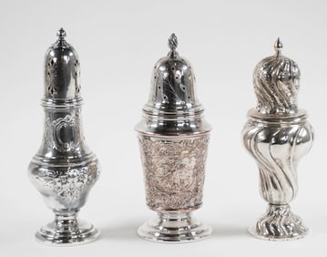German 830 Silver & Two Silverplate Sugar Casters