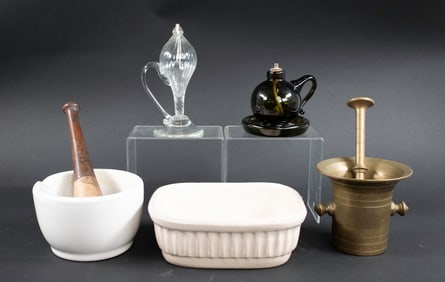 2 Whale Oil Lamps, 2 Mortars & Pestles