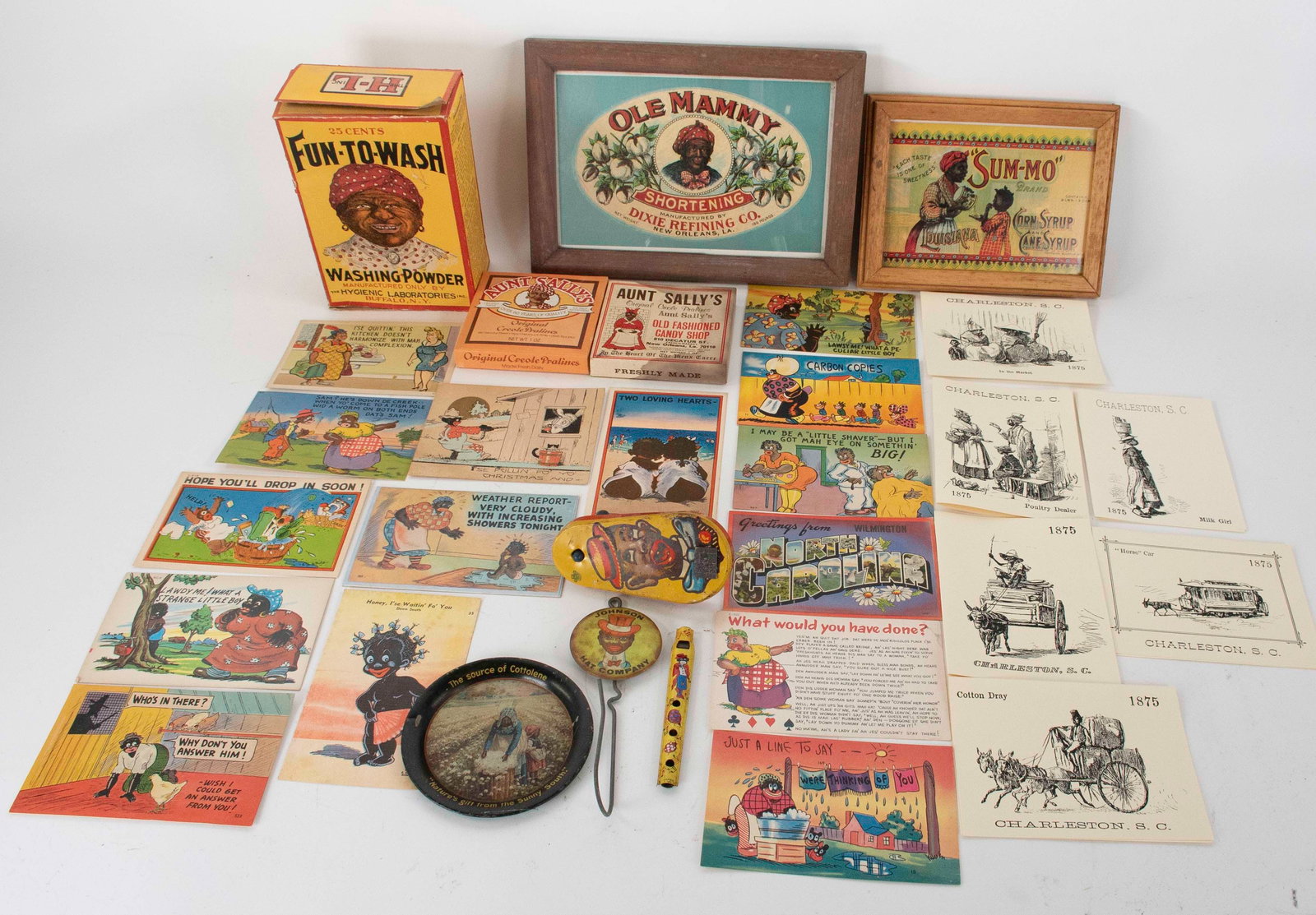 Black Americana Advertising, Post Cards, Toys: 4 1/4" advertising tip tray "The Source of Cottolene / Nature's gift from the Sunny South", depicting woman and child picking cotton, The N. K. Fairbank Co.---Johnson Hat Company receipt hook; 2 1/8"W