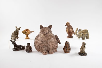 Cat and 8 Miniature Pottery Animal Figures