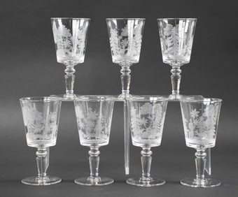 7 Wine Stems Etched w/ Hunting Scenes