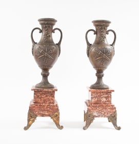 Pr. French Patinated Metal Vases on Marble Plinth