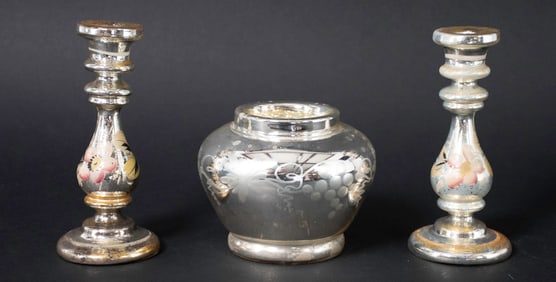 Pair Mercury Glass Candlesticks & Vase