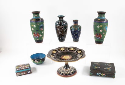 8 Pcs. Cloisonne--Compote, Vases, Boxes