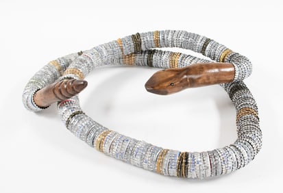 Folk Art Bottle Cap Snake, Carved Head & Tail