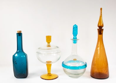 4 Pcs. Art Glass--Decanters & Airtwist Candy Dish