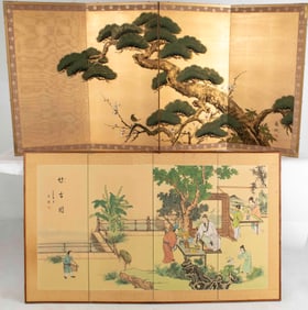 Two Asian Hand Painted 4-Panel Screens