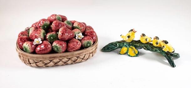 Italian Porcelain Basket of Strawberries, Birds