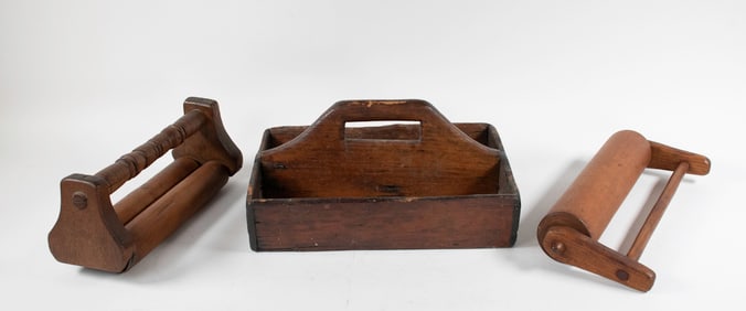 19th C. Wood Rolling Pins and Utensil Carrier