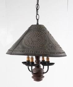 Wood and Iron Chandelier w/ Pierced Tin Shade