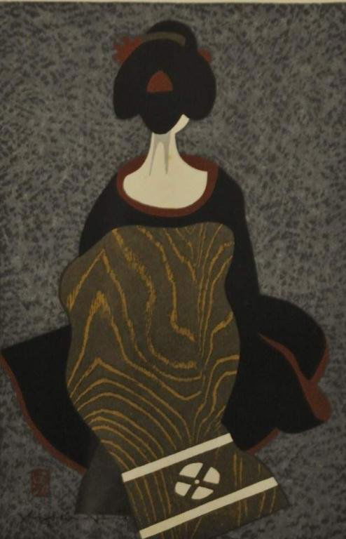 Kiyoshi Saito (1907-1997) Woodblock Print: Framed Japanese color woodblock print, "Maiko", depicting geisha in kimono with her back to viewer, signed "Kiyoshi Saito" lower left and with red seal, under glass in black painted wood frame; sight