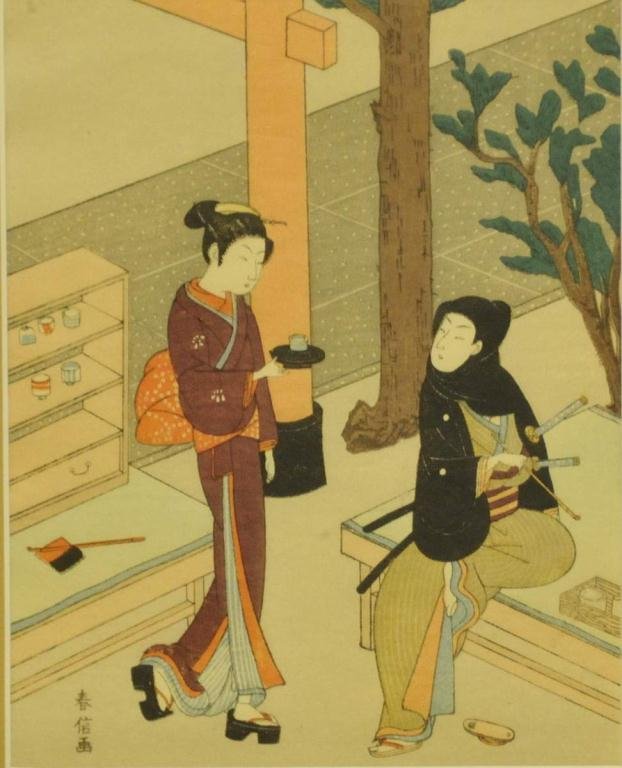Suzuki Harunobu (Japanese, 1725-1770): Framed polychrome woodblock print on rice paper after Suzuki Harunobu; depicting Kasamori Osen, a waitress at the Kagiya tea stall, serving a young samurai; label verso "Nippon Hanga Seisakusha / Toky