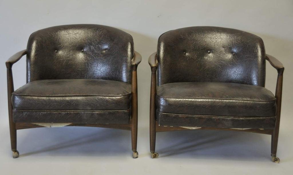 Pr. of Danish Modern Arm Chairs--Selig: Wood frame with upholstered seat and back, made and finished in Denmark, imported by Selig, white and red metal label; 29 1/2"W, 28"D, 26 3/4"H, seat height 16 1/2"; minor abrasions to wood frame, wea