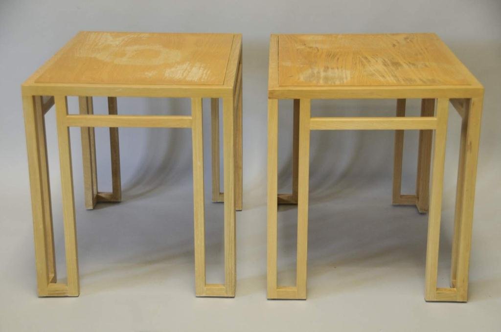 Pair of Billy Baldwin Style End Tables: Whitewashed oak openwork frames with elevated tops, 20" x 30", 22 1/4"H; tops with areas of finish loss