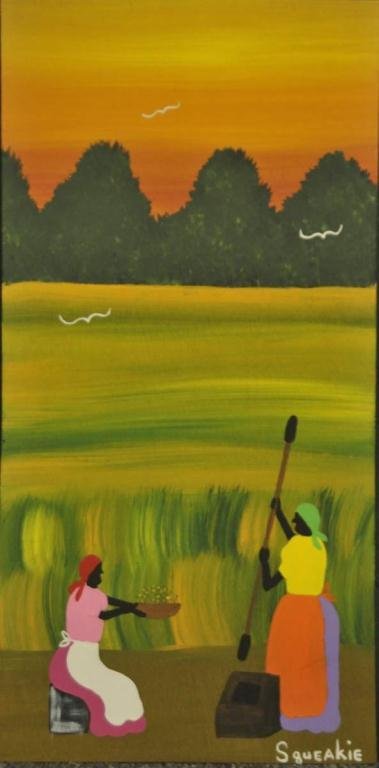 James "Squeakie" Stone (South Carolina, 20th C.): Naive, down-home acrylic on board depicting two black women gathering and pounding rice; signed lower right in white "Squeakie"; 12"W, 24"H; unframed