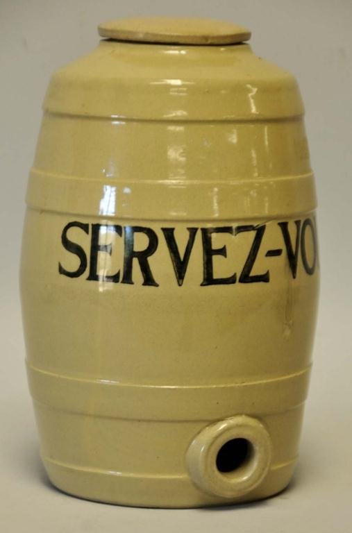 Stoneware Water Cooler with Cover: Barrel-shaped stoneware water cooler with lid; stenciled in black "SERVEZ-VOUS"; made by Moira Pottery Co., Ltd., England; 12"H; firing flaws, run to lettering